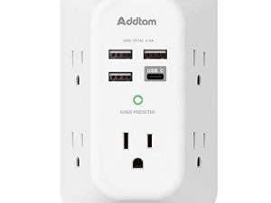 USB Wall Charger Surge Protector 5 Outlet Extender with 4 USB Charging Ports ( 1 USB C Outlet) 3 Sided 1800J Power Strip Multi Plug Outlets Wall Adapter Spaced for Home Travel Office ETL Listed