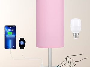 Pink Touch Nightstand Lamps for Girl - Small Bedside Lamp with USB-C and USB Charging Ports