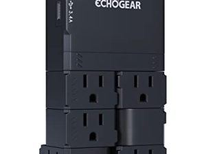 ECHOGEAR Wall Outlet with USB Ports & Surge Protection - Power & Protect 8 Devices with 6 Rotating AC Plugs & 2 USB Ports - Includes 1x USB-C Port & 1x USB-A Port - Black