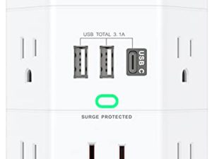 Wall Surge Protector Outlet Extender - 5 Outlet Splitter (3 Side) and 3 USB Charger(1 USB C)