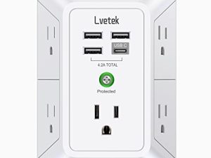 USB Wall Charger，LVETEK Surge Protector 5 Outlet Extender with 4 USB Ports (1 USB C Outlet) 3 Sided 1680J Power Strip Multi Plug Outlets Wall Adapter Spaced for Home Travel Office ETL Listed