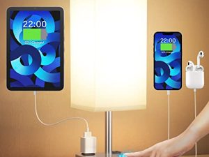 Bedside Lamp with USB Port - Touch Control Table Lamp for Bedroom with USB C+A Charging Ports & AC Outlets