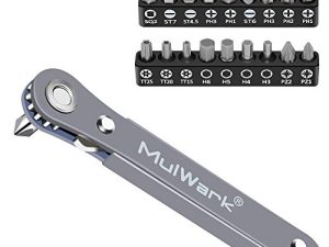 MulWark 20pc 1/4 Ultra Low Profile Mini Ratchet Wrench Close Quarters Screwdriver Set with High Torque - Right Angle EDC Tool with 90 Degree Mini Offset Reversible Drive Handle & Multi Hex Bits Set