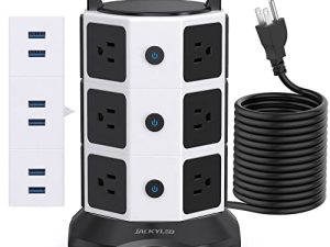 【10ft】 Power Strip Tower JACKYLED Surge Protector Electric Charging Station with 13A 12 Outlets 6 USB Ports Heavy Duty Extension Cord for Home Office Computer Nightstand Laptop Phone White Black