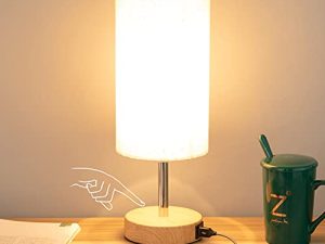 Yarra-Decor Bedside Lamp with USB Port - Touch Control Table Lamp for Bedroom Wood 3 Way Dimmable Nightstand Lamp with Round Flaxen Fabric Shade for Living Room