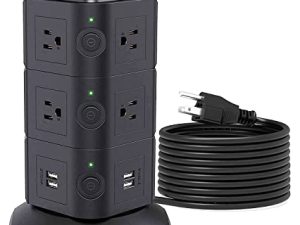10ft Power Strip Tower JACKYLED Surge Protector Electric Charging Station with 13A 10 AC 4 USB Ports Heavy Duty Extension Cord for Home Office Computer Nightstand Laptop Phone Black