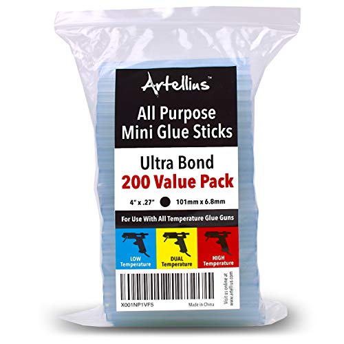 Artellius Mini Hot Glue Gun Sticks (Huge Bulk Pack of 200) 4" and 0.27 Diameter - Compatible with Most Glue Guns Artellius Mini Hot Glue Gun Sticks (Huge Bulk Pack of 200) 4" and 0.27 Diameter - Compatible with Most Glue Guns
