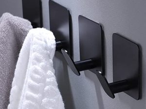 DELITON Adhesive Hooks - 4 Pack Towel/Coat Hooks Wall Hooks Stick on Bathroom or Kitchen (Matte Black
