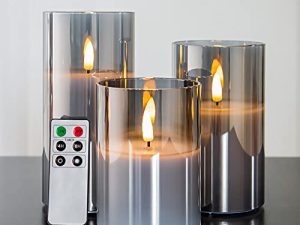 Eywamage Glass Flameless Candles with Remote Battery Operated Flickering LED Pillar Candles Real Wax Wick 3 Pack D 3" H 4" 5" 6" Grey