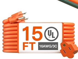 Outdoor Extension Cord 15 Feet Waterproof Heavy Duty Orange 16 AWG 3 Prong