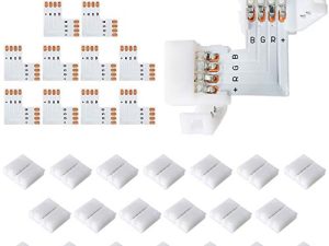 L Shape 4-Pin LED Connectors 10-Pack JACKYLED 10mm Wide Right Angle Corner Connectors Solderless Adapter Connector Terminal Extension with 22Pcs Clips for 3528/5050 SMD RGB 4 Conductor LED Light Strips
