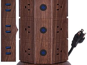 JACKYLED Power Strip Tower Surge Protector with 6.5ft Extension Cord 6 USB Ports and 12 AC Outlets Electric Charging Station for Home Office Dorm Desktop Computer Walnut and Black