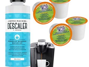 IMPRESA Cleaning and Descaler Kit - 2 Uses Per Bottle Plus 4 Cleaning Cups Compatible with Keurig K-Cup Pod Machines - Made in USA - Universal Descaling Solution and Stain Remover
