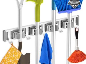 reliahom Broom Holder Mop Hanger Wall Mount Metal Organization Garage Storage System Garden Kitchen Tool Organizer (4 Racks with 5 Hooks
