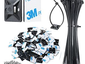 XHF 3/4" Strong Back-Glue Self Adhesive Black Cable Zip Tie Mounts 100pcs with 8" Zip Ties