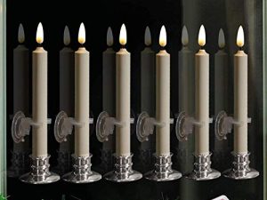 6PACK Flameless Battery Powered 8'' Ivory Taper Windows Candles with Remote and Timer & Candlestick