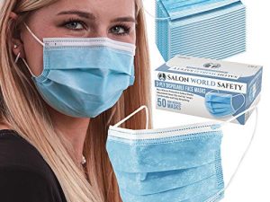 TCP Global Salon World Safety - Sealed Dispenser Box of 50 Face Masks Breathable Disposable 3-Ply Protective PPE with Nose Clip and Ear Loops