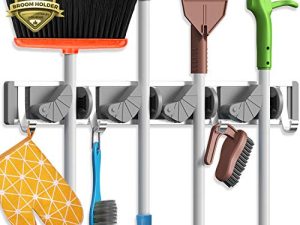 Holikme Mop Broom Holder Wall Mount Metal Pantry Organization and Storage Garden Kitchen Tool Organizer Wall Hanger for Home Goods (4 Positions with 4 Hooks