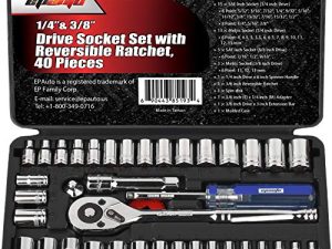40 Pieces - EPAuto 1/4-Inch & 3/8-Inch Drive Socket Set with 72 Tooth Reversible Ratchet